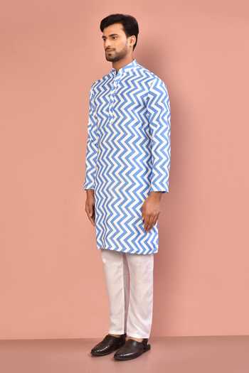 Arihant Rai Sinha_Blue Cotton Blend Print Chevron Kurta With Pyjama_at_Aza_Fashions