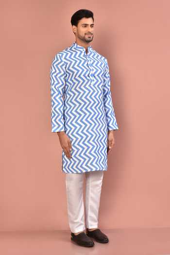 Buy_Arihant Rai Sinha_Blue Cotton Blend Print Chevron Kurta With Pyjama