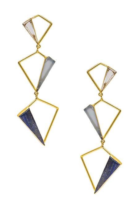 Shop Varnika Arora Blue Crystals, Lace, Stones Geometric Tiered Danglers at Aza Fashions Shop_Varnika Arora_Blue Crystals, Lace, Stones Geometric Tiered Danglers_at_Aza_Fashions