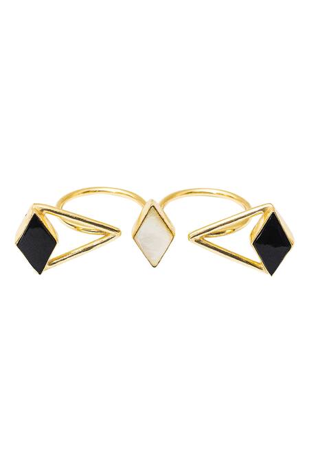 Shop_Varnika Arora_Black Stones Two Finger Ring _at_Aza_Fashions