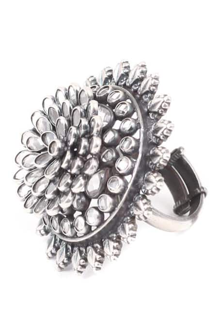 Shop_Sangeeta Boochra_Silver Plated Stones Floral Embellished Ring _at_Aza_Fashions