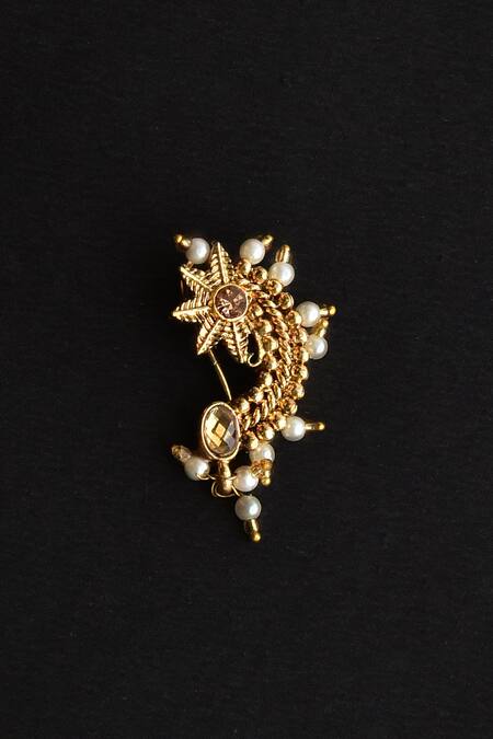 Shop_Swabhimann_Gold Plated Pearl Floral Cut Work Nose Ring_at_Aza_Fashions