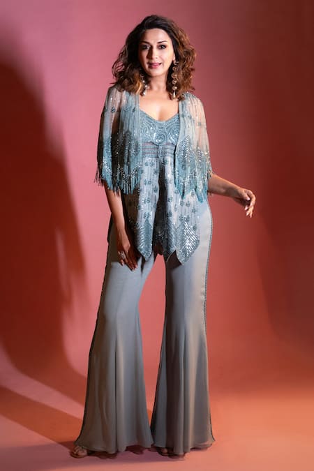 Miku Kumar Blue Georgette, Net Sequins, Cut Work Embellished Tasselled Cape Pant Set at Aza Fashions Miku Kumar_Blue Georgette, Net Sequins, Cut Work Embellished Tasselled Cape Pant Set _at_Aza_Fashions