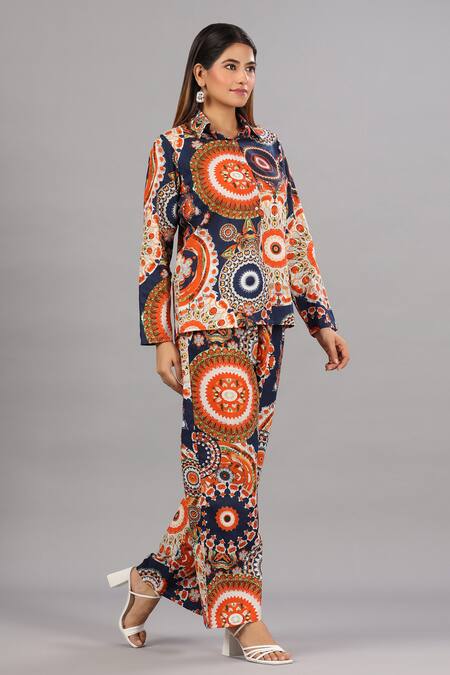 Bairaas_Orange Muslin Printed Mandala Shirt Collar And Pant Set_Online_at_Aza_Fashions