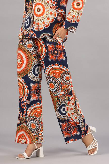 Buy_Bairaas_Orange Muslin Printed Mandala Shirt Collar And Pant Set_Online_at_Aza_Fashions