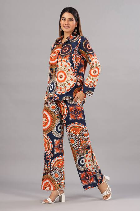Shop_Bairaas_Orange Muslin Printed Mandala Shirt Collar And Pant Set_Online_at_Aza_Fashions