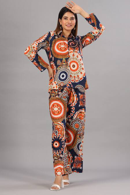 Bairaas_Orange Muslin Printed Mandala Shirt Collar And Pant Set_at_Aza_Fashions