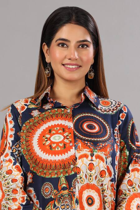 Buy_Bairaas_Orange Muslin Printed Mandala Shirt Collar And Pant Set