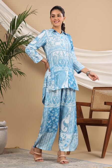 Buy Multi Color Muslin Printed Abstract Shirt Collar And Pant Set For Women  by Bairaas Online at Aza Fashions.