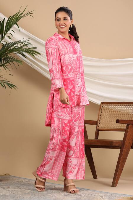 Bairaas_Pink Muslin Printed Persian Shirt Collar High Low Tunic And Pant Set_Online_at_Aza_Fashions