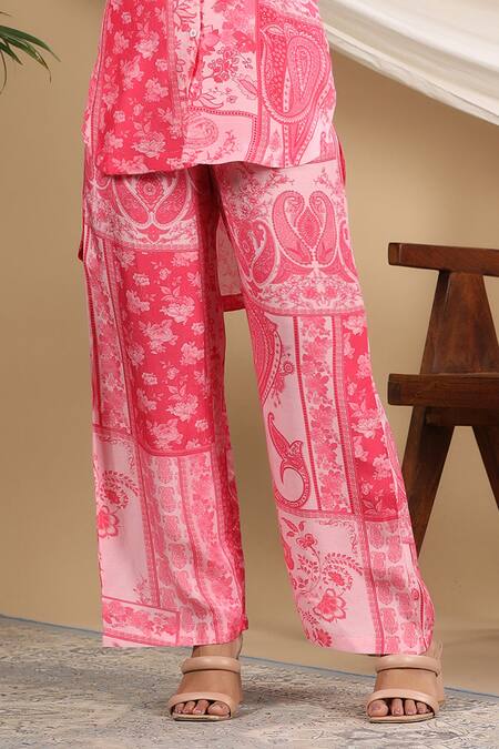 Shop_Bairaas_Pink Muslin Printed Persian Shirt Collar High Low Tunic And Pant Set_Online_at_Aza_Fashions