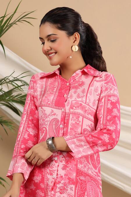 Buy_Bairaas_Pink Muslin Printed Persian Shirt Collar High Low Tunic And Pant Set
