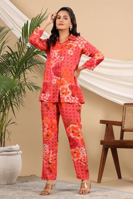 Bairaas - Red Muslin Printed Floral Shirt Collar And Straight Pant Set For  Women