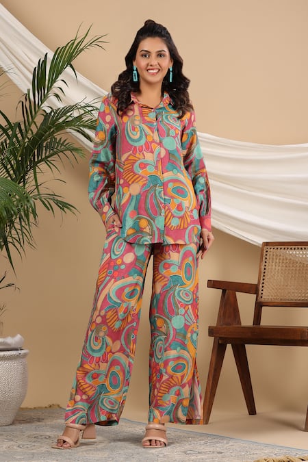 Bairaas - Multi Color Muslin Printed Abstract Shirt Collar And Pant Set For  Women