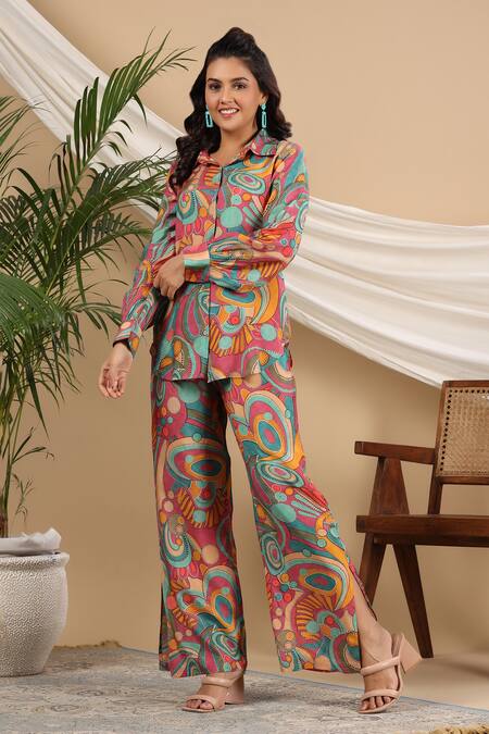 Bairaas_Multi Color Muslin Printed Abstract Shirt Collar And Pant Set_Online_at_Aza_Fashions