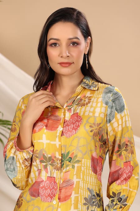 Buy Multi Color Muslin Printed Abstract Shirt Collar And Pant Set For Women  by Bairaas Online at Aza Fashions.