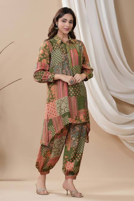 Shop_Bairaas_Green Muslin Embroidery Collared Floral Print Shirt Kurta And Afghani Pant Set_Online_at_Aza_Fashions