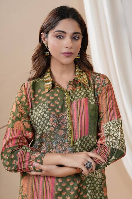 Buy_Bairaas_Green Muslin Embroidery Collared Floral Print Shirt Kurta And Afghani Pant Set