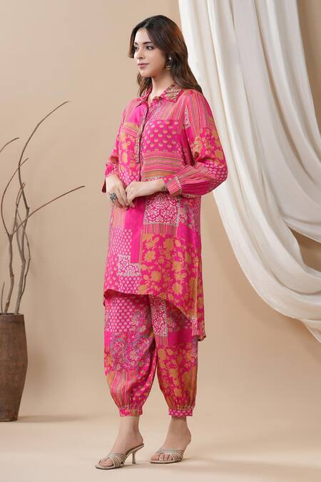 Bairaas_Magenta Muslin Printed Floral Collared Neck Kurta And Afghani Pant Set_Online_at_Aza_Fashions