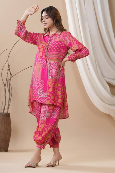 Buy_Bairaas_Magenta Muslin Printed Floral Collared Neck Kurta And Afghani Pant Set_Online_at_Aza_Fashions