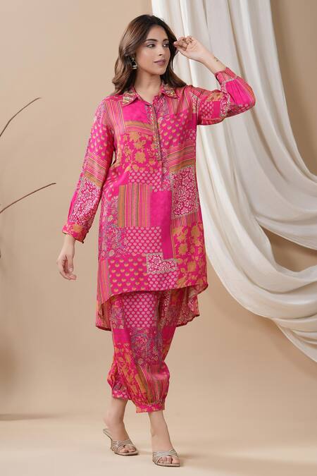Shop_Bairaas_Magenta Muslin Printed Floral Collared Neck Kurta And Afghani Pant Set_Online_at_Aza_Fashions