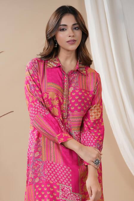 Bairaas - Magenta Muslin Printed Floral Collared Neck Kurta And Afghani  Pant Set For Women