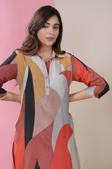 Buy Multi Color Muslin Printed Abstract Shirt Collar And Pant Set For Women  by Bairaas Online at Aza Fashions.