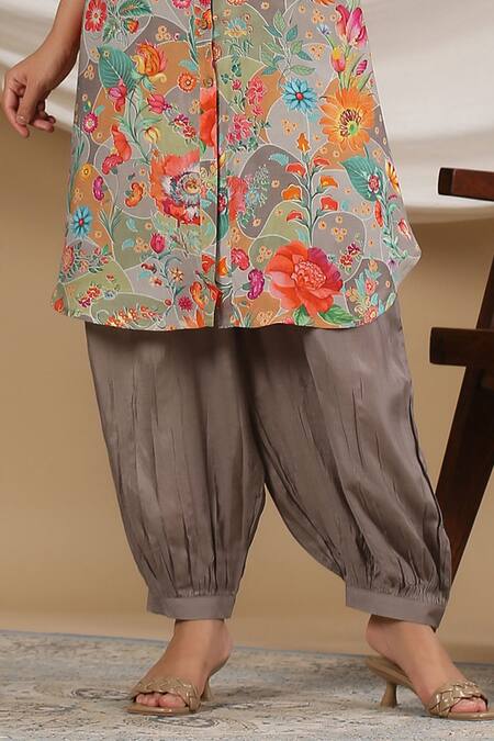 Bairaas_Grey Muslin Printed Floral Collared Neck Flower Kurta And Afghani Pant Set_Online_at_Aza_Fashions