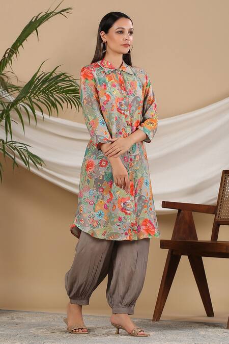 Buy_Bairaas_Grey Muslin Printed Floral Collared Neck Flower Kurta And Afghani Pant Set_Online_at_Aza_Fashions