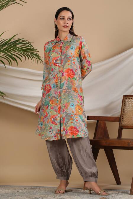 Shop_Bairaas_Grey Muslin Printed Floral Collared Neck Flower Kurta And Afghani Pant Set_Online_at_Aza_Fashions