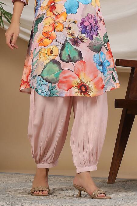 Shop_Bairaas_Peach Muslin Floral Collared Neck Bright Print Kurta And Afghani Pant Set_Online_at_Aza_Fashions