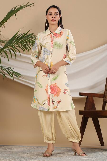 Bairaas Yellow Muslin Printed Leaf Collared Neck Botanic Kurta And Afghani Pant Set