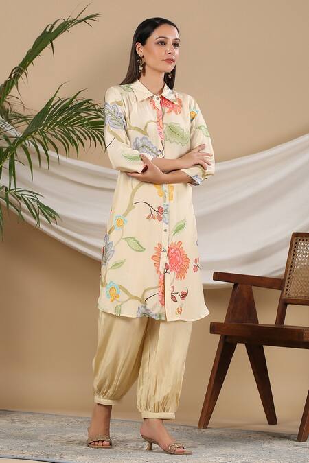 Shop_Bairaas_Yellow Muslin Printed Leaf Collared Neck Botanic Kurta And Afghani Pant Set_Online_at_Aza_Fashions