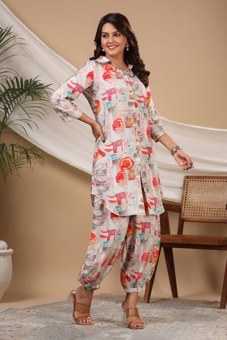 Shop_Bairaas_Grey Muslin Floral Collared Neck Abstract Print Kurta And Afghani Pant Set_Online_at_Aza_Fashions
