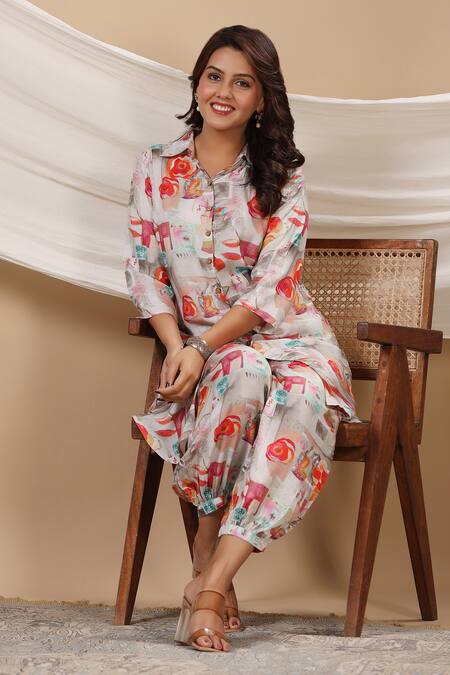 Bairaas_Grey Muslin Floral Collared Neck Abstract Print Kurta And Afghani Pant Set_at_Aza_Fashions