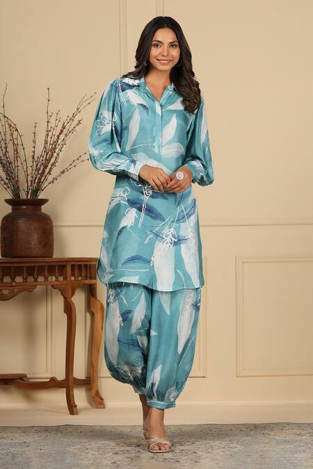Bairaas_Blue Muslin Printed Leaf Notched Abstract Kurta And Afghani Pant Set_Online_at_Aza_Fashions