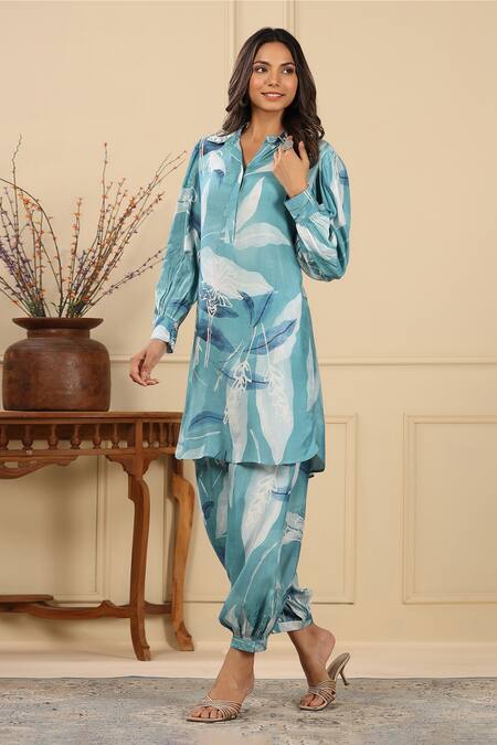 Buy_Bairaas_Blue Muslin Printed Leaf Notched Abstract Kurta And Afghani Pant Set_Online_at_Aza_Fashions