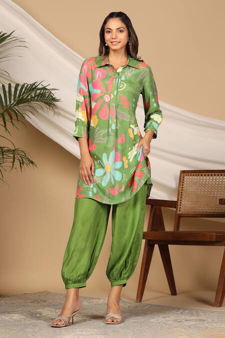 Bairaas Green Muslin Printed Floral Collared Neck Floret Shirt Kurta And Afghani Pant Set
