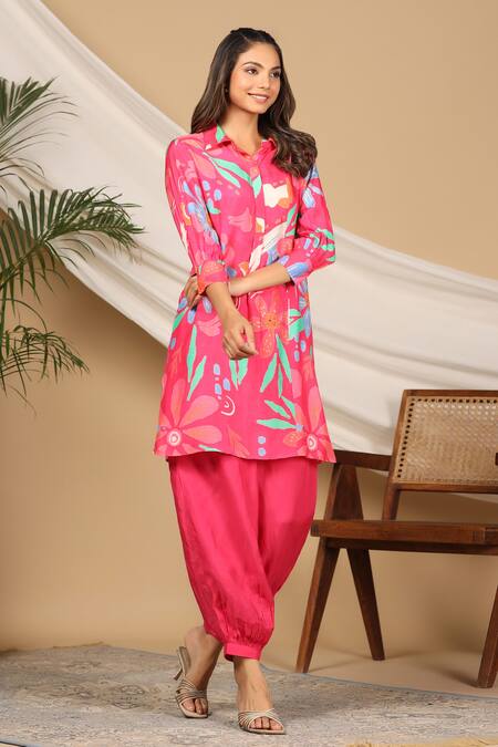 Bairaas_Pink Muslin Floral Collared Neck Floret Print Kurta And Afghani Pant Set_Online_at_Aza_Fashions