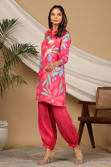 Buy_Bairaas_Pink Muslin Floral Collared Neck Floret Print Kurta And Afghani Pant Set_Online_at_Aza_Fashions
