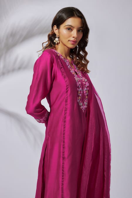 The Aarya_Pink Chanderi, Viscose, Organza Beads Split V-neck Embroidered Kurta And Pant Set _Online_at_Aza_Fashions