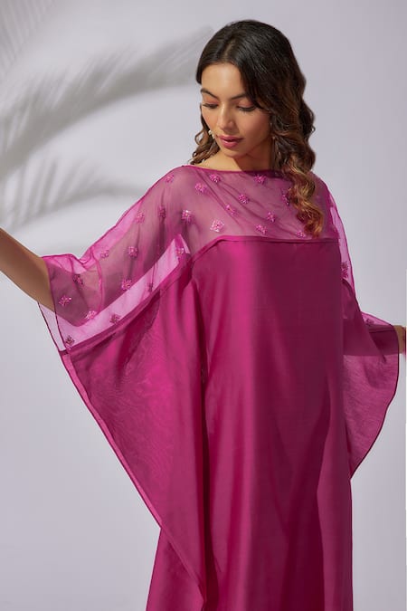 The Aarya Pink Chanderi, Viscose Sequins, Beads Boat Neck Embroidered Kaftan Online at Aza Fashions The Aarya_Pink Chanderi, Viscose Sequins, Beads Boat Neck Embroidered Kaftan _Online_at_Aza_Fashions