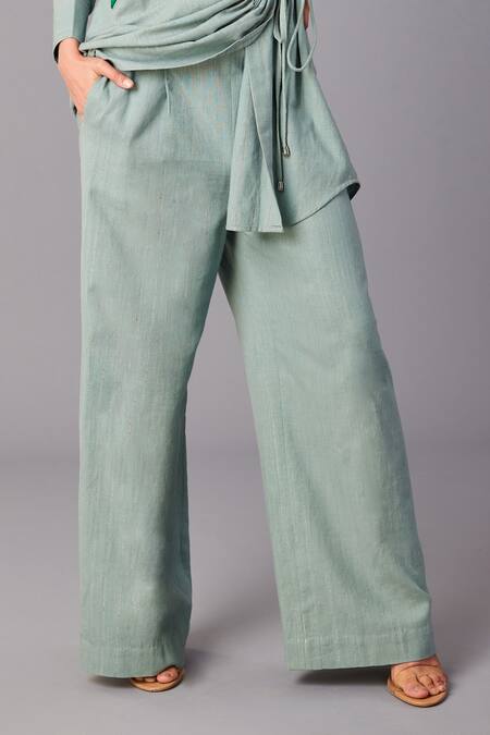 Buy_Poonam Dubey_Green Handloom Cotton Sequins Collared Asymmetric Shirt And Pant Set _Online_at_Aza_Fashions