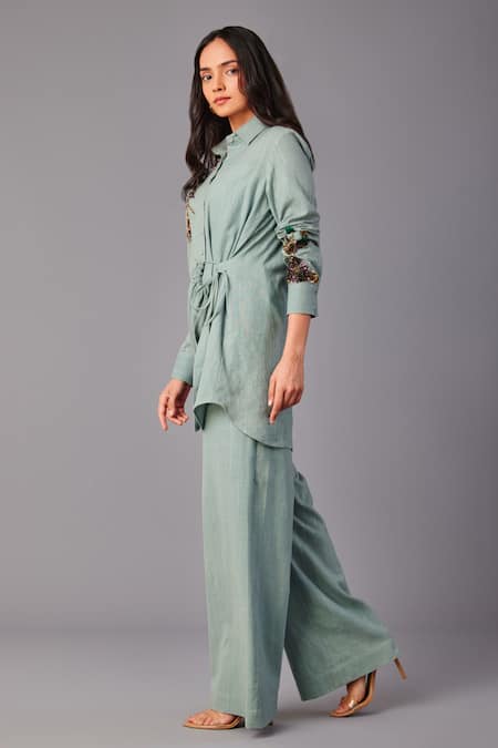 Shop_Poonam Dubey_Green Handloom Cotton Sequins Collared Asymmetric Shirt And Pant Set _Online_at_Aza_Fashions