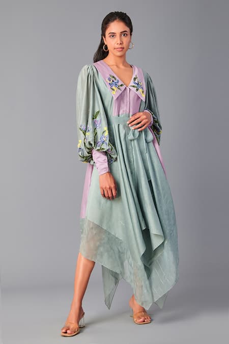 Poonam Dubey_Green Handloom Cotton Sequins, Embroidery Collared Asymmetric Dress With Belt _Online_at_Aza_Fashions