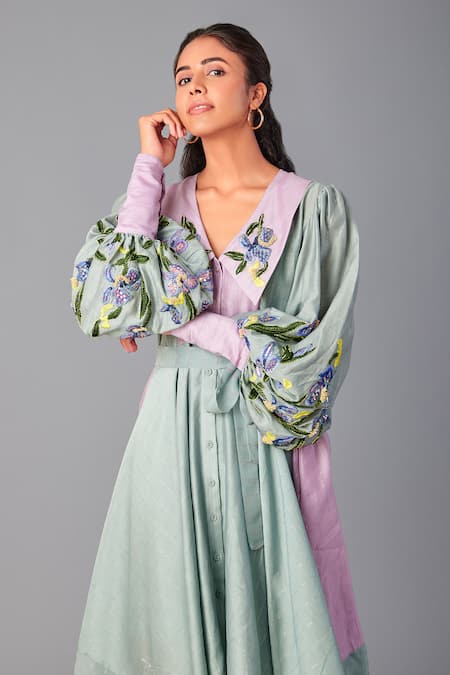 Buy_Poonam Dubey_Green Handloom Cotton Sequins, Embroidery Collared Asymmetric Dress With Belt _Online_at_Aza_Fashions