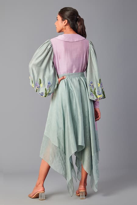 Poonam Dubey Asymmetric Embroidered Dress With Belt 