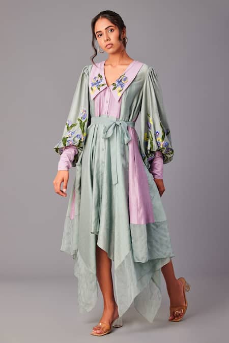 Shop_Poonam Dubey_Green Handloom Cotton Sequins, Embroidery Collared Asymmetric Dress With Belt _Online_at_Aza_Fashions