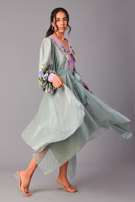 Poonam Dubey_Green Handloom Cotton Sequins, Embroidery Collared Asymmetric Dress With Belt _at_Aza_Fashions