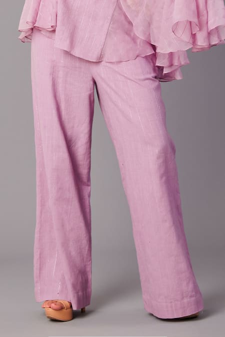 Poonam Dubey_Purple Handloom Cotton, Organza Sequins, Embroidery Floral Top And Pant Set _Online_at_Aza_Fashions